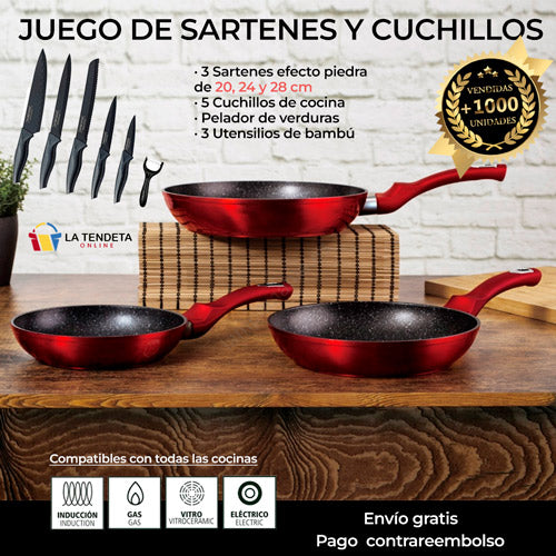 Juego sartenes con cuchillos y utensilios RL