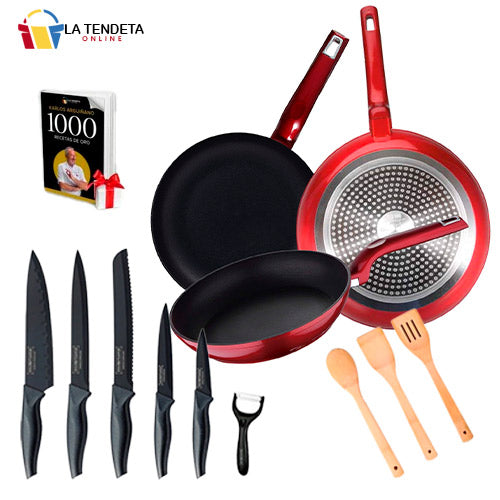 Juego sartenes con cuchillos y utensilios RL