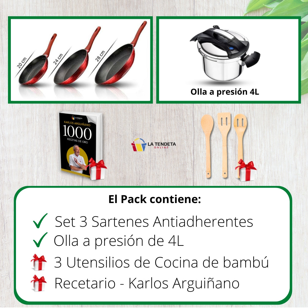 Olla a presión 4L con Set de Sartenes Antiadherentes.