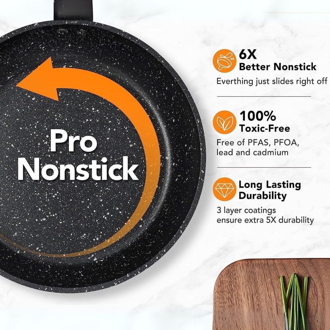 Set de 3 Sartenes Antiadherentes (20, 24 y 28 cm) + Utensilios de Cocina y Recetario Gratis