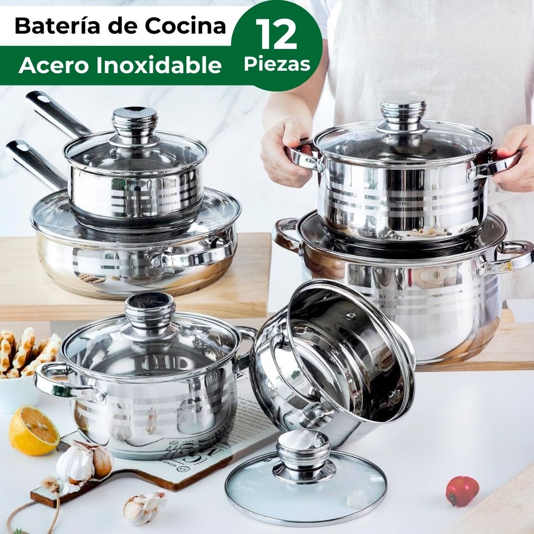 Pack: Bateria cocina 12 piezas + Set cuchillos y utensilios + Recetario de 1.000 recetas