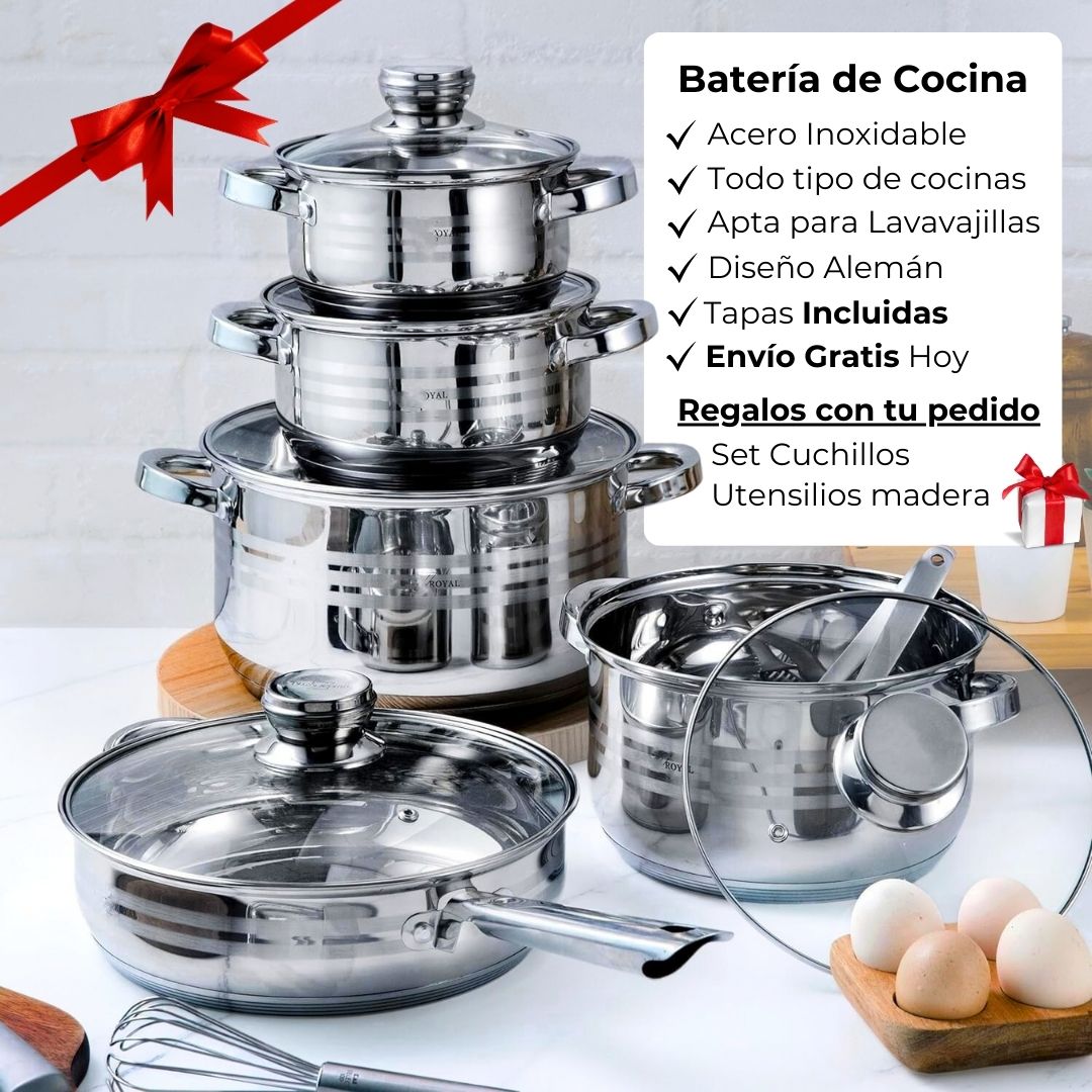 Pack: Bateria cocina 12 piezas + Set cuchillos y utensilios + Recetario de 1.000 recetas