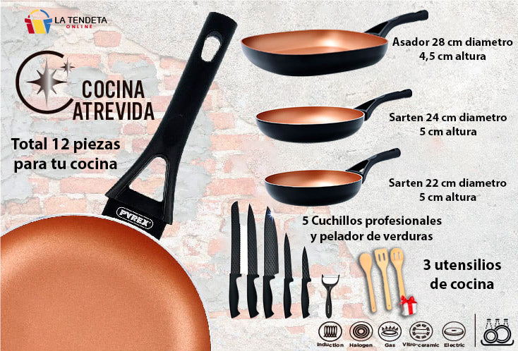 Cocina atrevida: Sartenes,asadora y cuchillos con utensilios de REGALO.