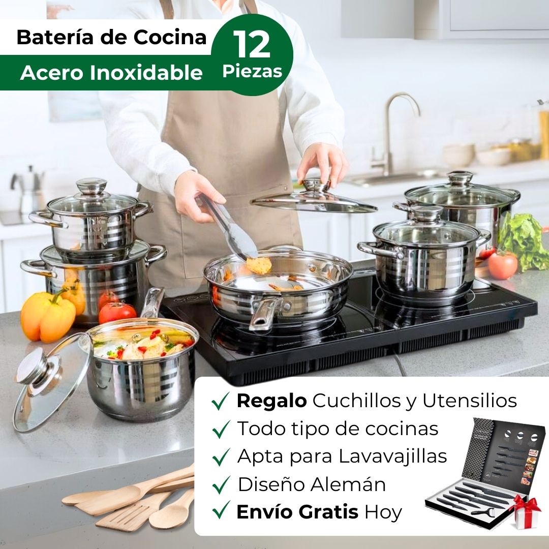 Pack: Bateria cocina 12 piezas + Set cuchillos y utensilios + Recetario de 1.000 recetas