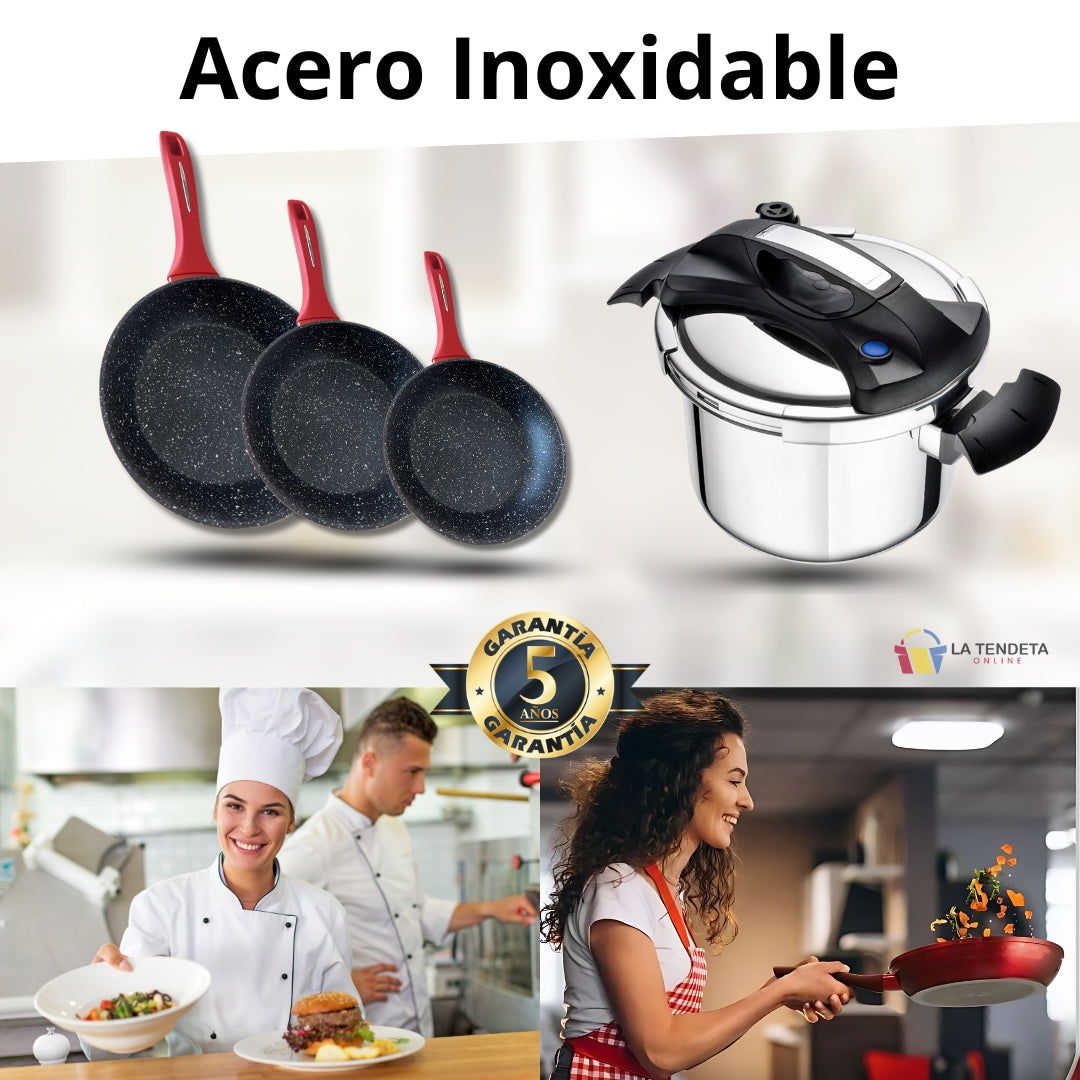 Olla a presión 4L con Set de Sartenes Antiadherentes.