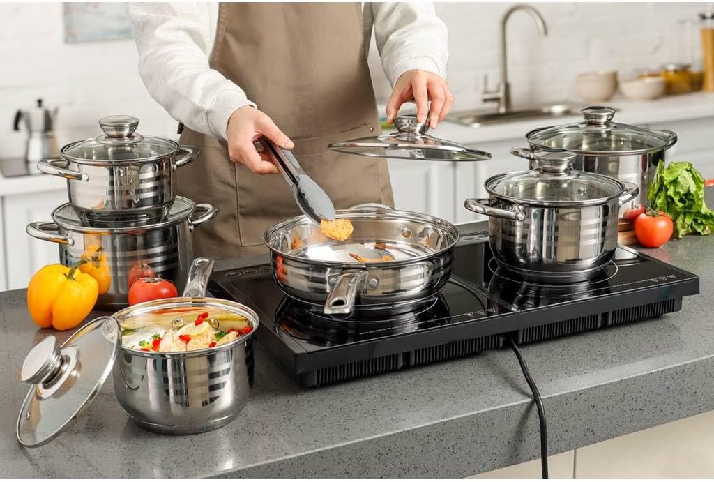 Batería de Cocina de 12 Piezas con Tapas | Acero Inoxidable | Compatible con Inducción + Utensilios de Bambú y Recetario GRATIS