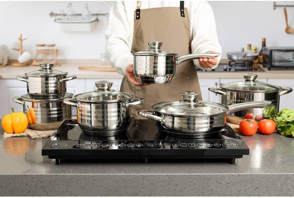 Batería de Cocina de 12 Piezas con Tapas | Acero Inoxidable | Compatible con Inducción + Utensilios de Bambú y Recetario GRATIS
