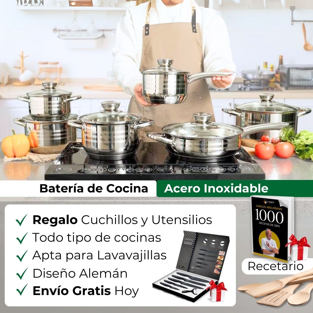 Pack: Bateria cocina 12 piezas + Set cuchillos y utensilios + Recetario de 1.000 recetas
