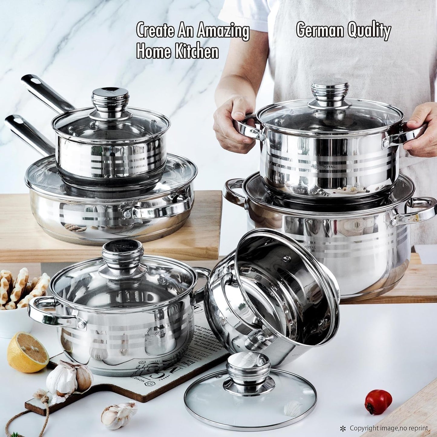 Batería de Cocina de 12 Piezas con Tapas | Acero Inoxidable | Compatible con Inducción + Utensilios de Bambú y Recetario GRATIS