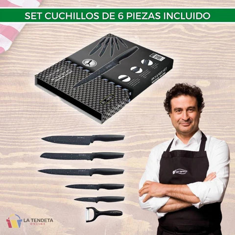 Batería Elitechef con cuchillos y utensilios de cocina
