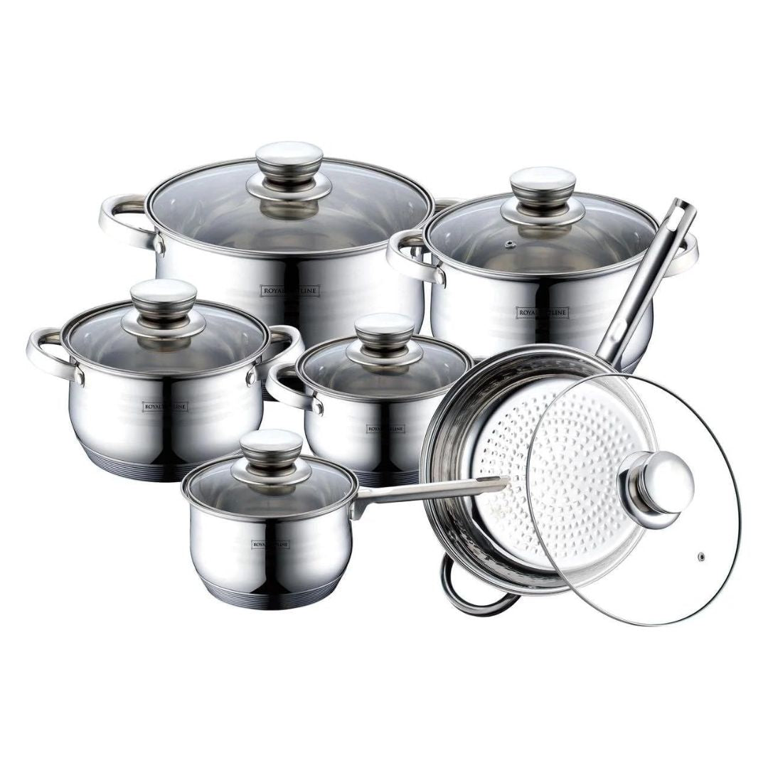 Batería de Cocina de 12 Piezas con Tapas | Acero Inoxidable | Compatible con Inducción + Utensilios de Bambú y Recetario GRATIS