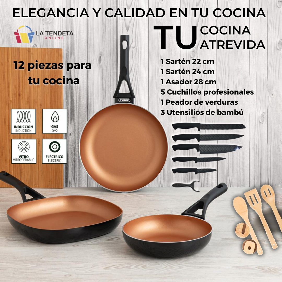Cocina atrevida: Sartenes,asadora y cuchillos con utensilios de REGALO.