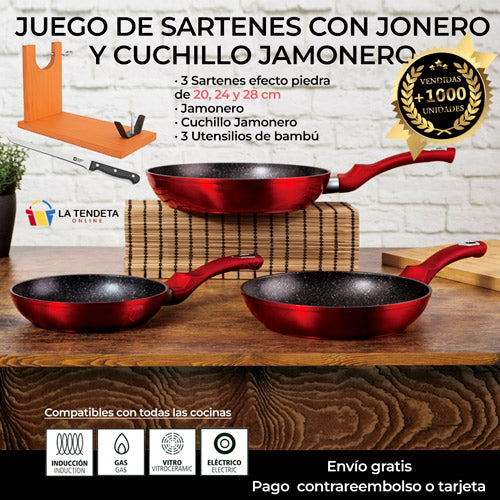 Juego sartenes con jamonero y cuchillo