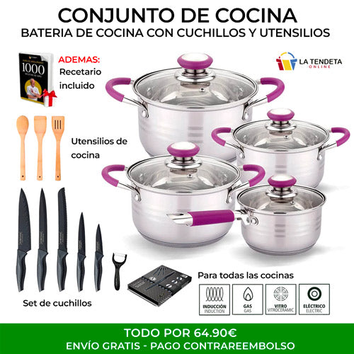 *Batería Elitechef con cuchillos y utensilios de cocina*