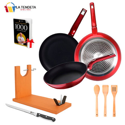 Juego sartenes con jamonero y cuchillo