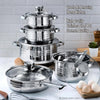 Batería de Cocina de 12 Piezas con Tapas | Acero Inoxidable | Compatible con Inducción + Utensilios de Bambú y Recetario GRATIS