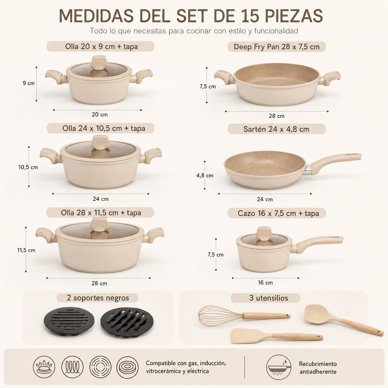 Batería de Cocina Completa 15 piezas + Utensilios de Regalo.