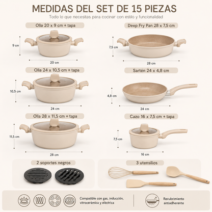 Batería de Cocina Completa 15 piezas + Utensilios de Regalo.