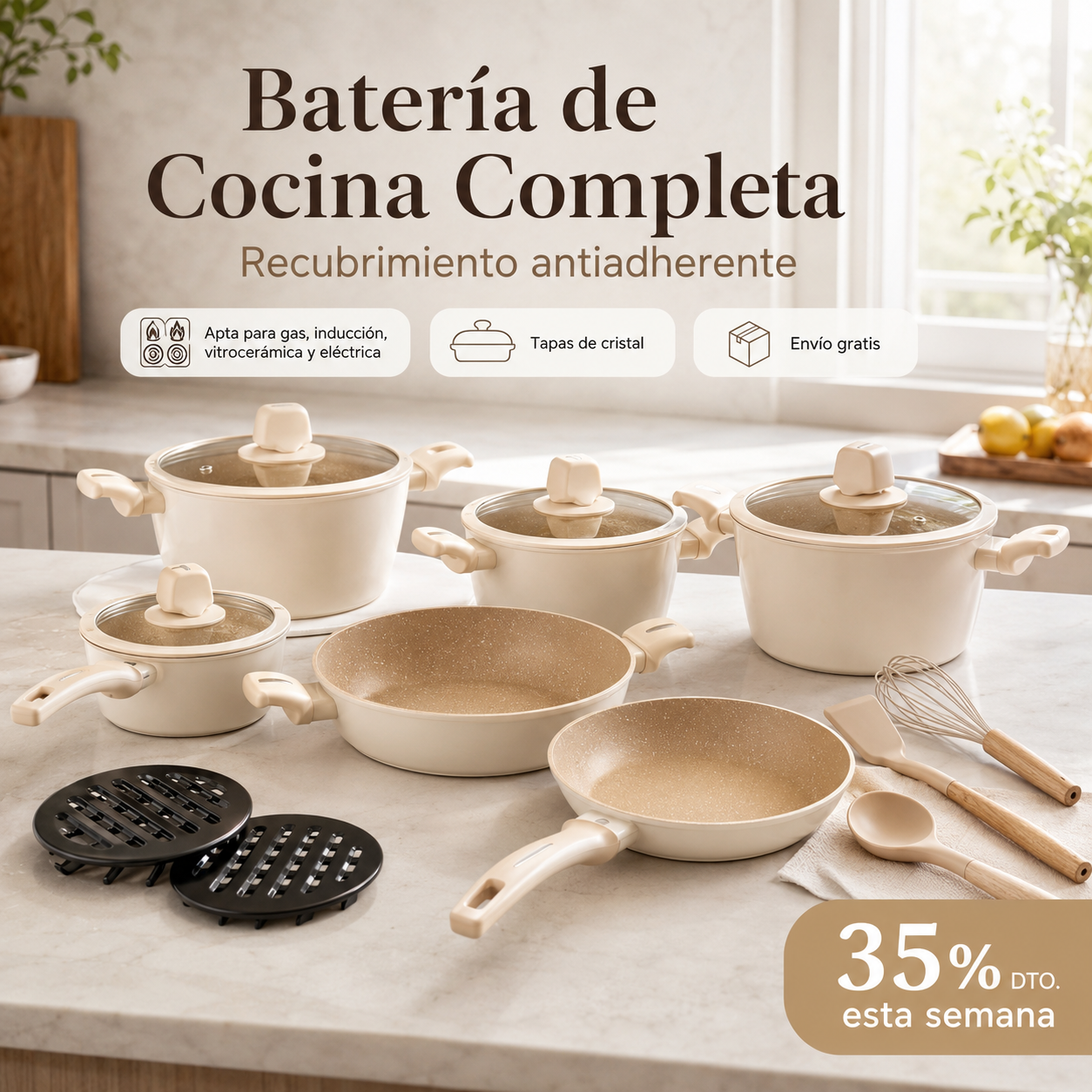 Batería de Cocina Completa 15 piezas + Utensilios de Regalo.