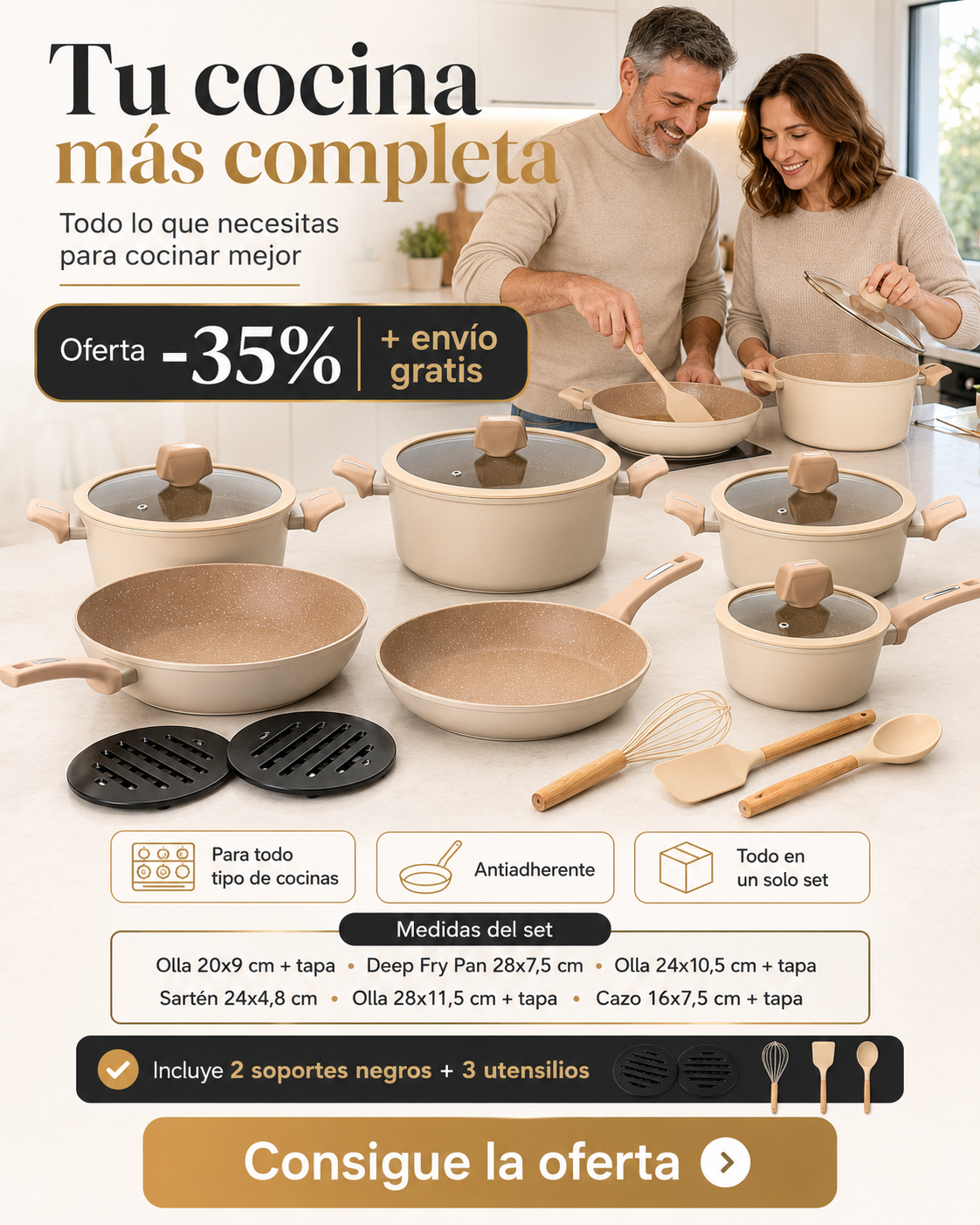 Batería de Cocina Completa 15 piezas + Utensilios de Regalo.