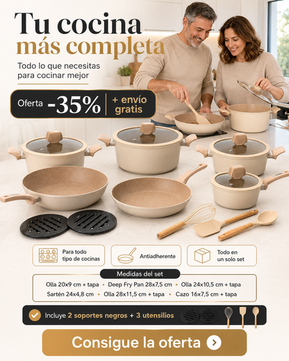 Batería de Cocina Completa 15 piezas + Utensilios de Regalo.